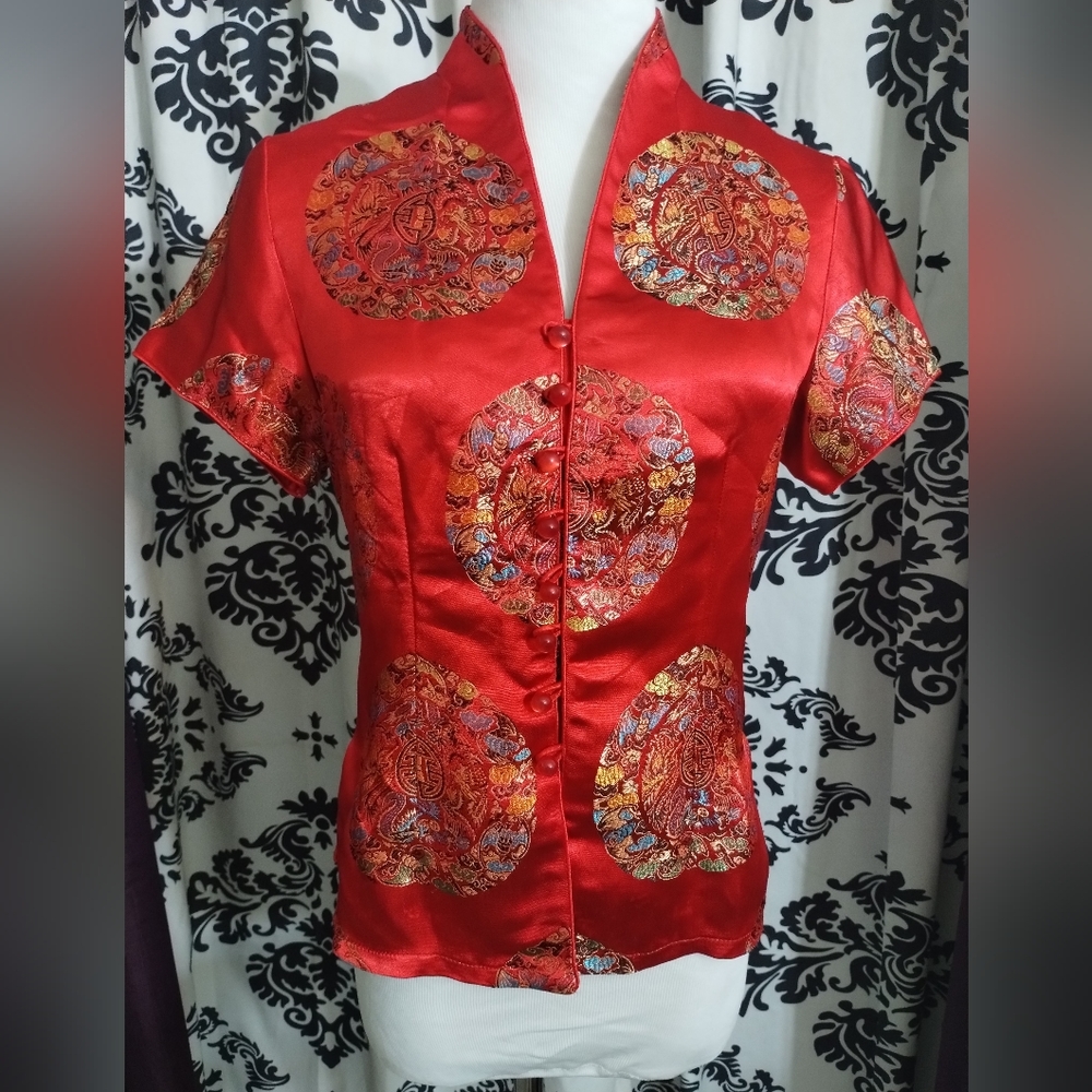 Vintage size M 90s Chinese Qiong Yu cocktail shirt top Blouse red gold dragon
